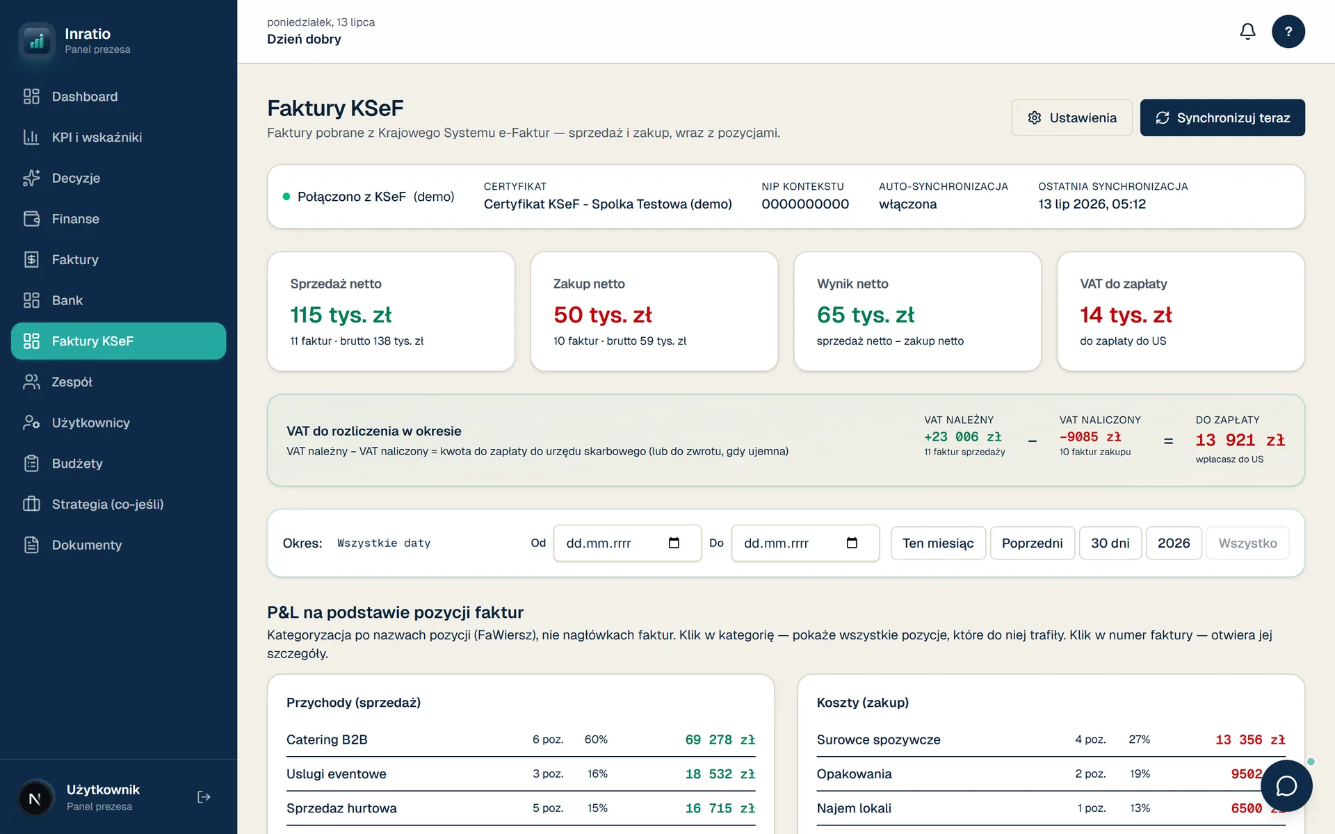 Panel Inratio — faktury z KSeF: statusy, kwoty, analiza kontrahentów i P&L z faktur